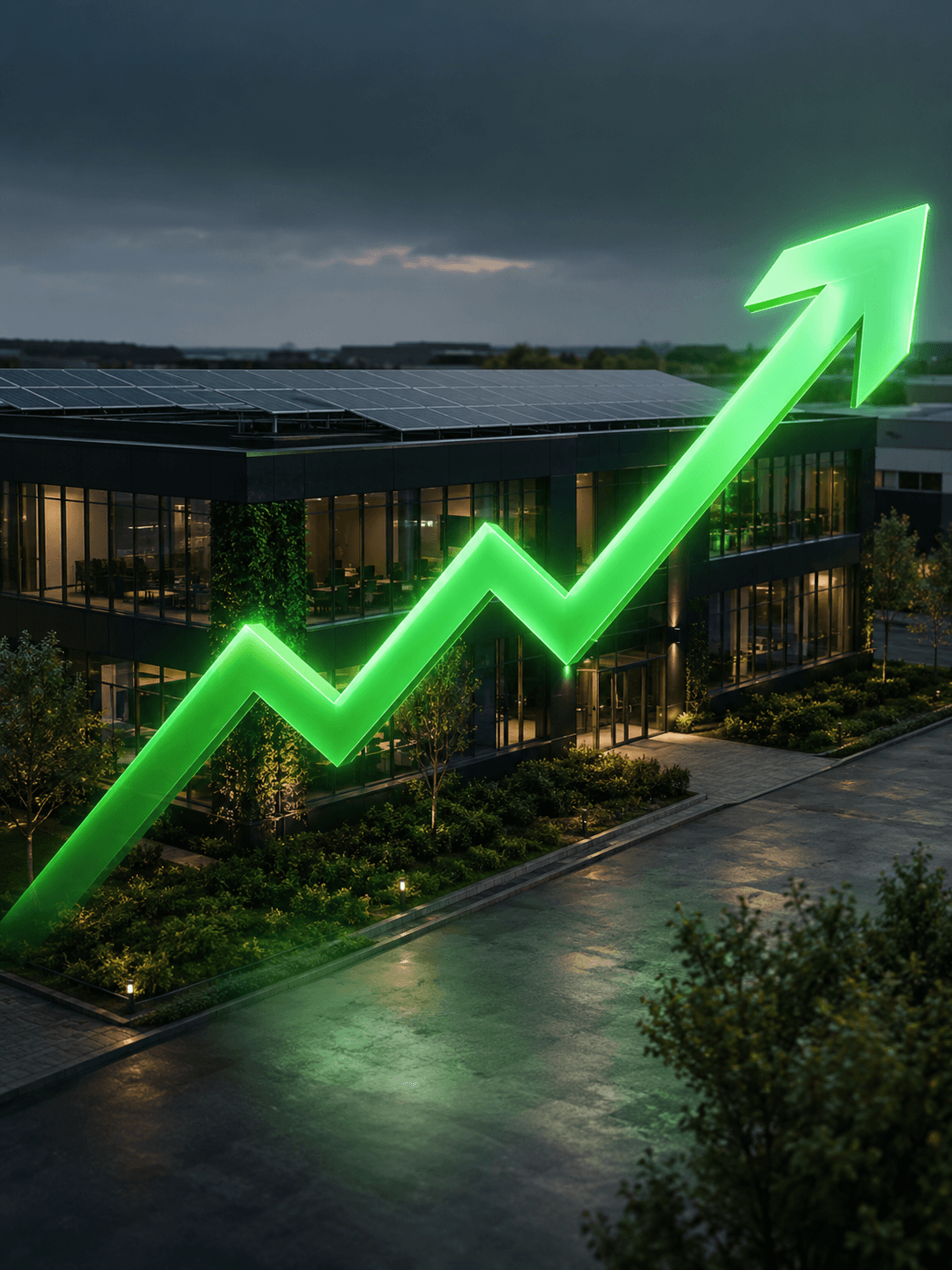 Modern bedrijfspand met groene groeipijl en zonnepanelen