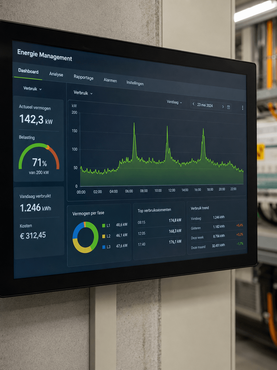 Energiemanagement dashboard met piekverbruik
